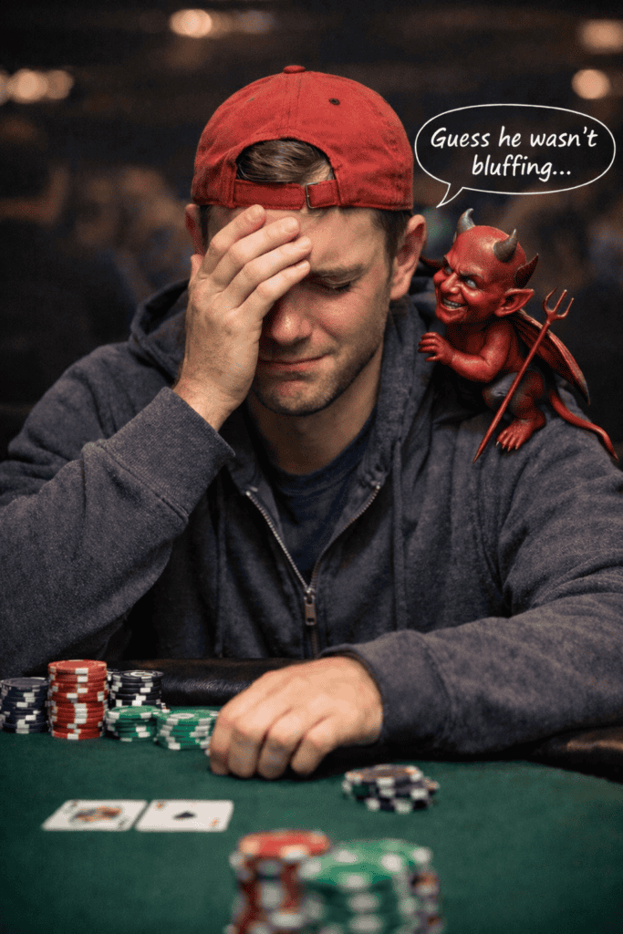 Man with hand on forehead at poker table with small devil figure on shoulder.