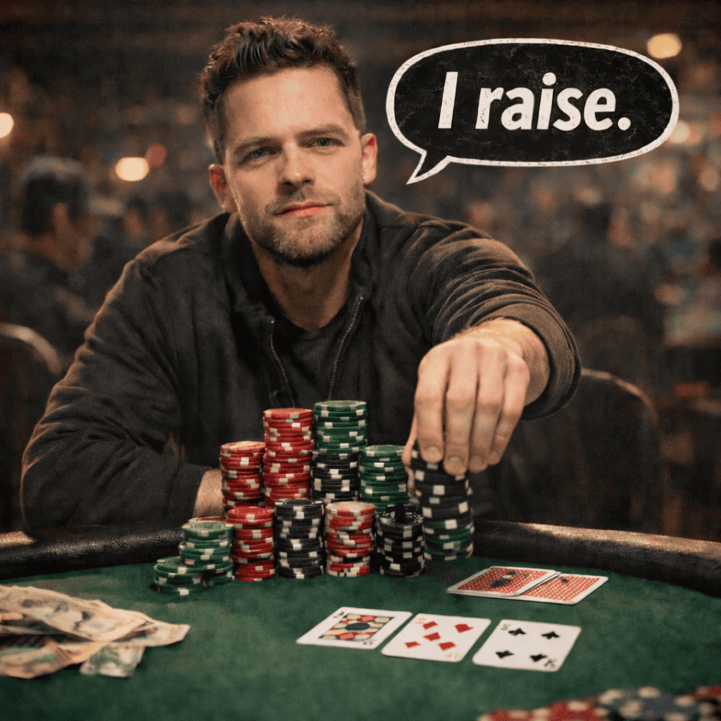 Confident poker player with a large stack of chips pushing forward a raise and saying “I raise” at a casino table.