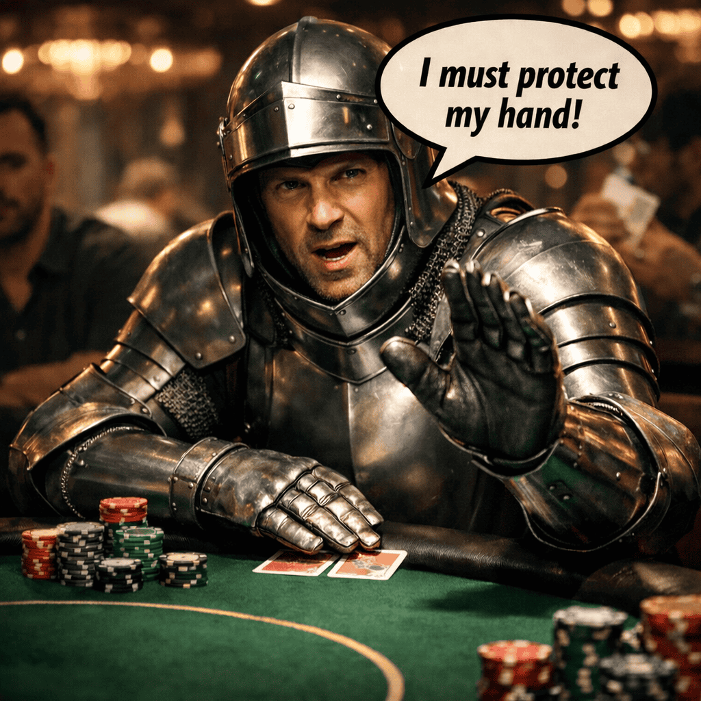Poker player dressed in medieval armor at a casino table declaring “I must protect my hand!” while shielding his cards and chips.
