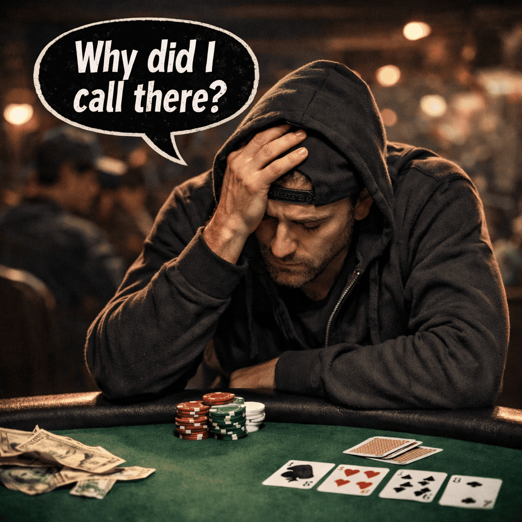 Middle-aged poker player with a small stack of chips at a casino table holding his head in frustration saying “Why did I call there?” after a costly mistake.