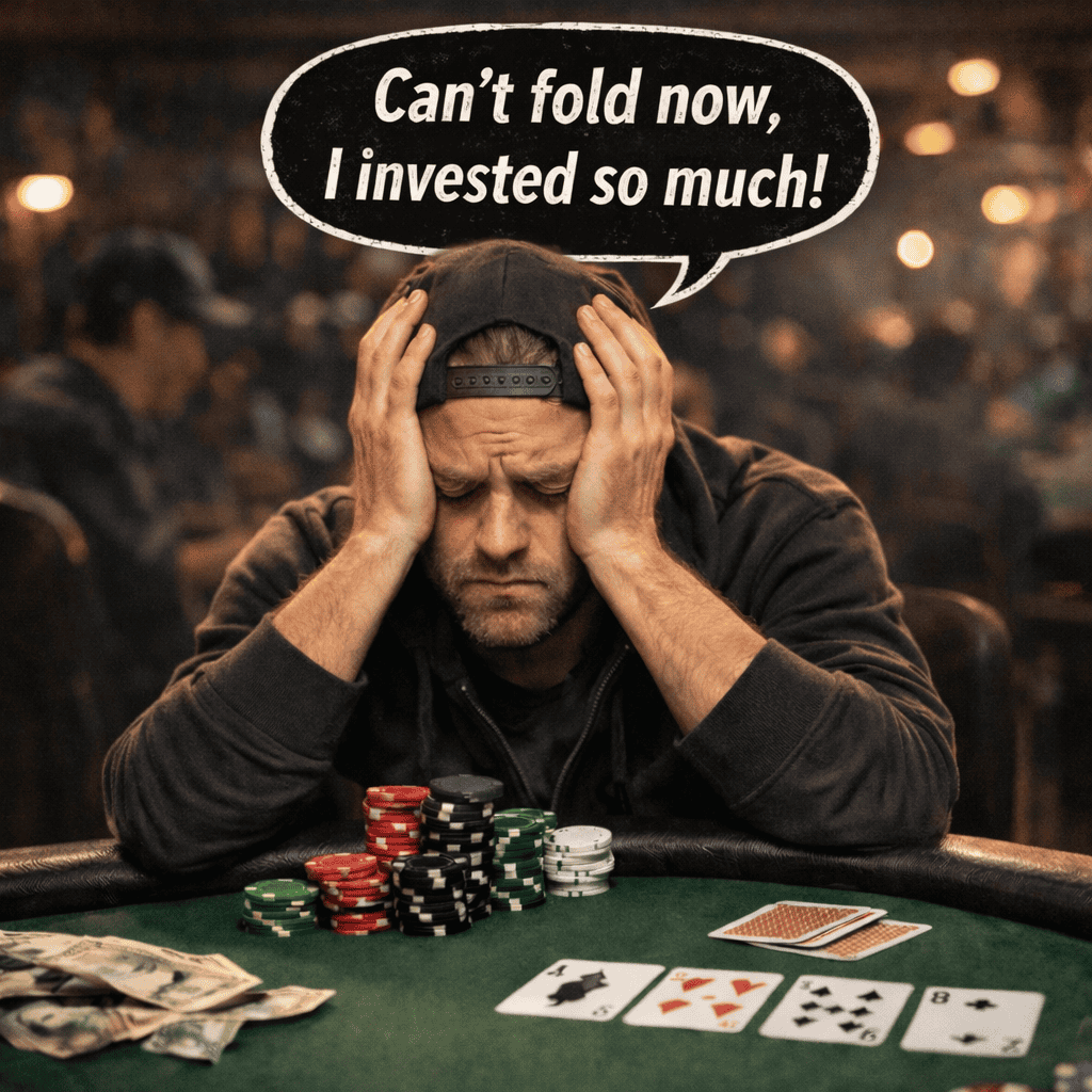 Frustrated middle-aged poker player holding his head with chips in front of him saying “Can’t fold now, I invested so much!” at a casino table.