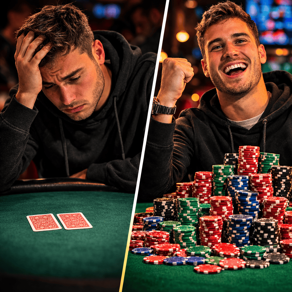 Poker player transformation from losing beginner to winning player with a large stack of chips at a casino poker table.